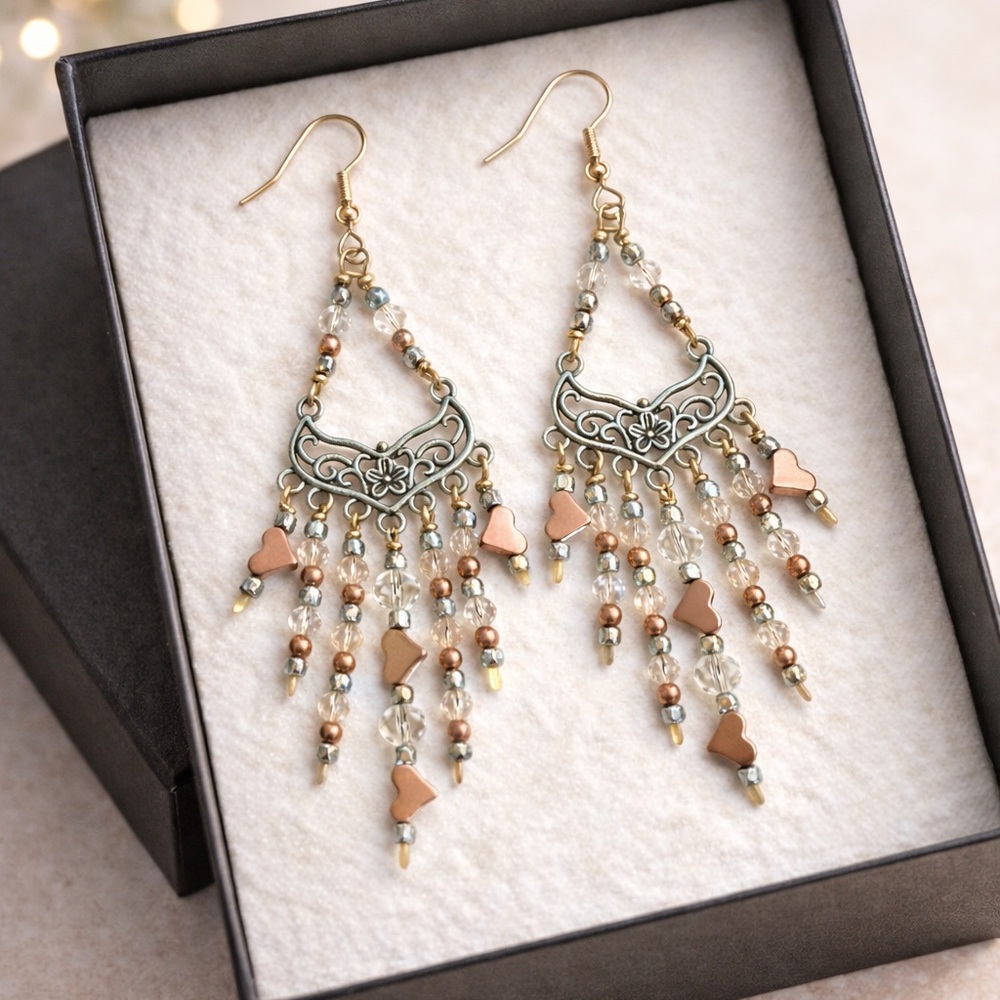 ✨ Handmade One-of-a-Kind Mixed Metal Chandelier Earrings Crystal & Beaded Wire ✨ - Picture 4 of 7